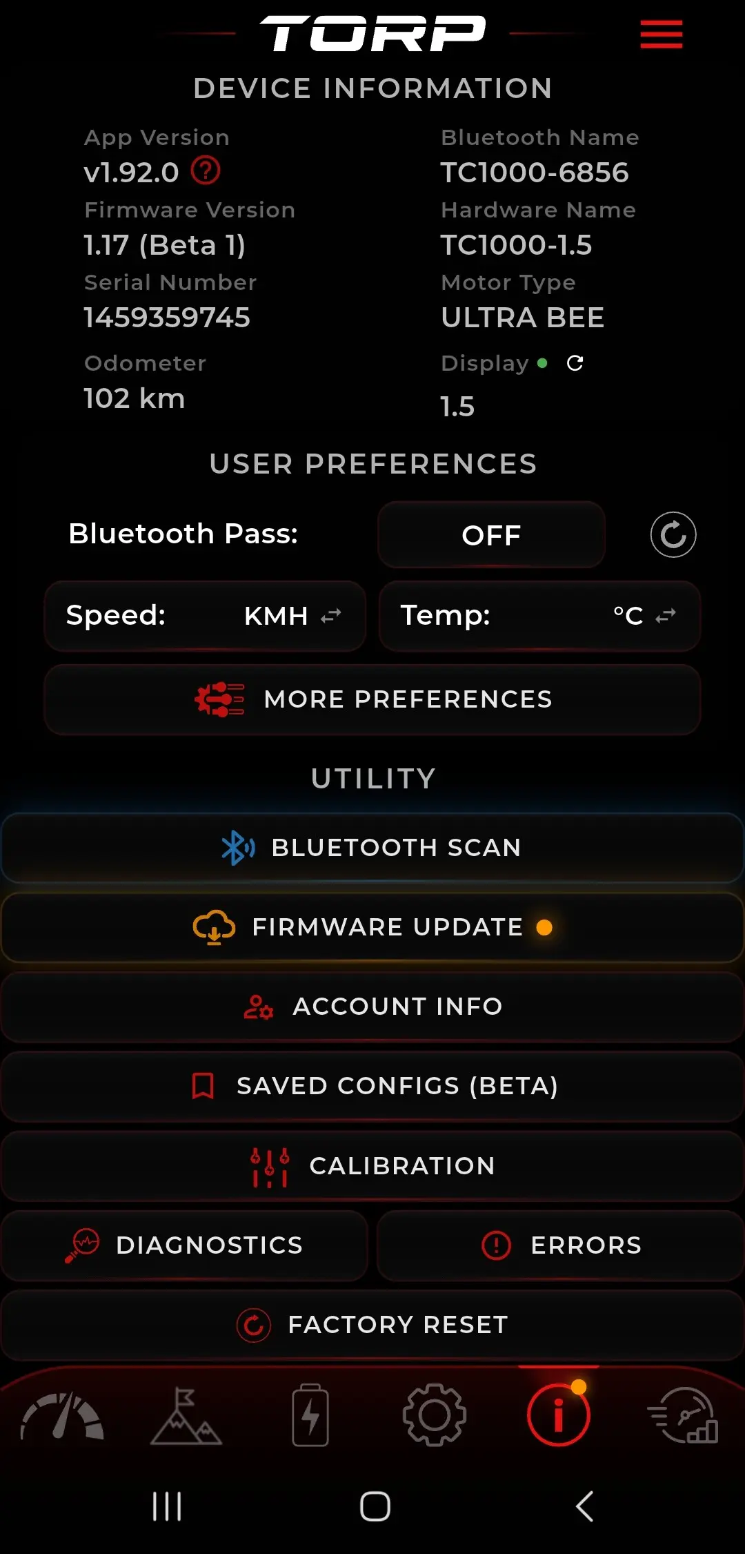 TORP app device information screen with app and firmware versions, serial number, odometer, and utilities including Bluetooth scan, firmware update, calibration and diagnostics