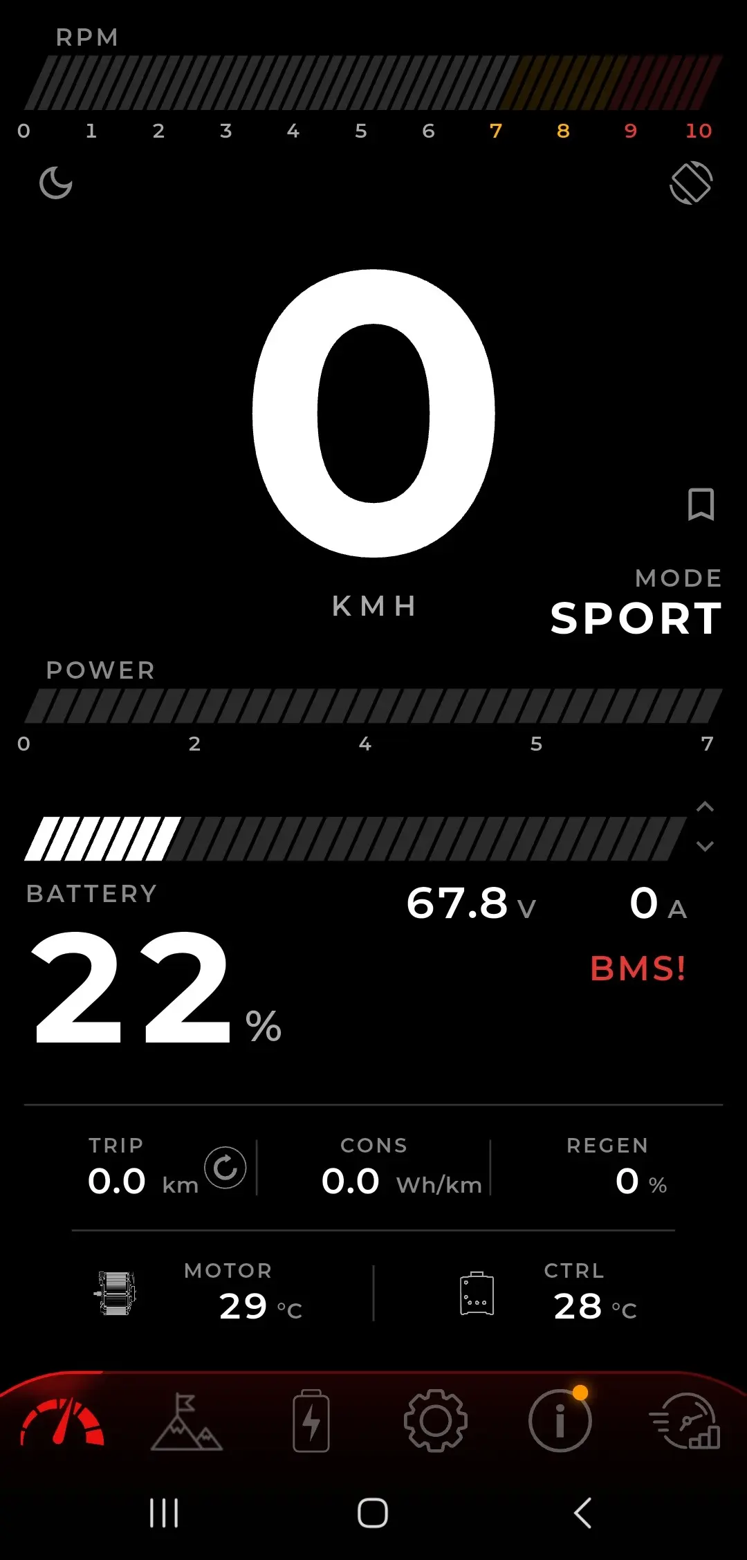 TORP app Ride screen, bar layout in portrait: an RPM bar across the top, a large numeric speed with Sport mode beside it, a power bar, a battery bar with charge level, voltage and current, then trip, consumption, regen and motor and controller temperatures