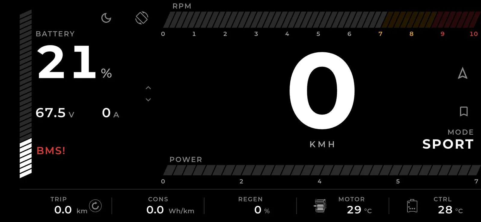 TORP app Ride screen, bar layout in landscape: battery charge, voltage and current down the left, RPM and power bars above and below a large numeric speed, Sport mode on the right, and trip, consumption, regen, motor and controller temperatures along the bottom