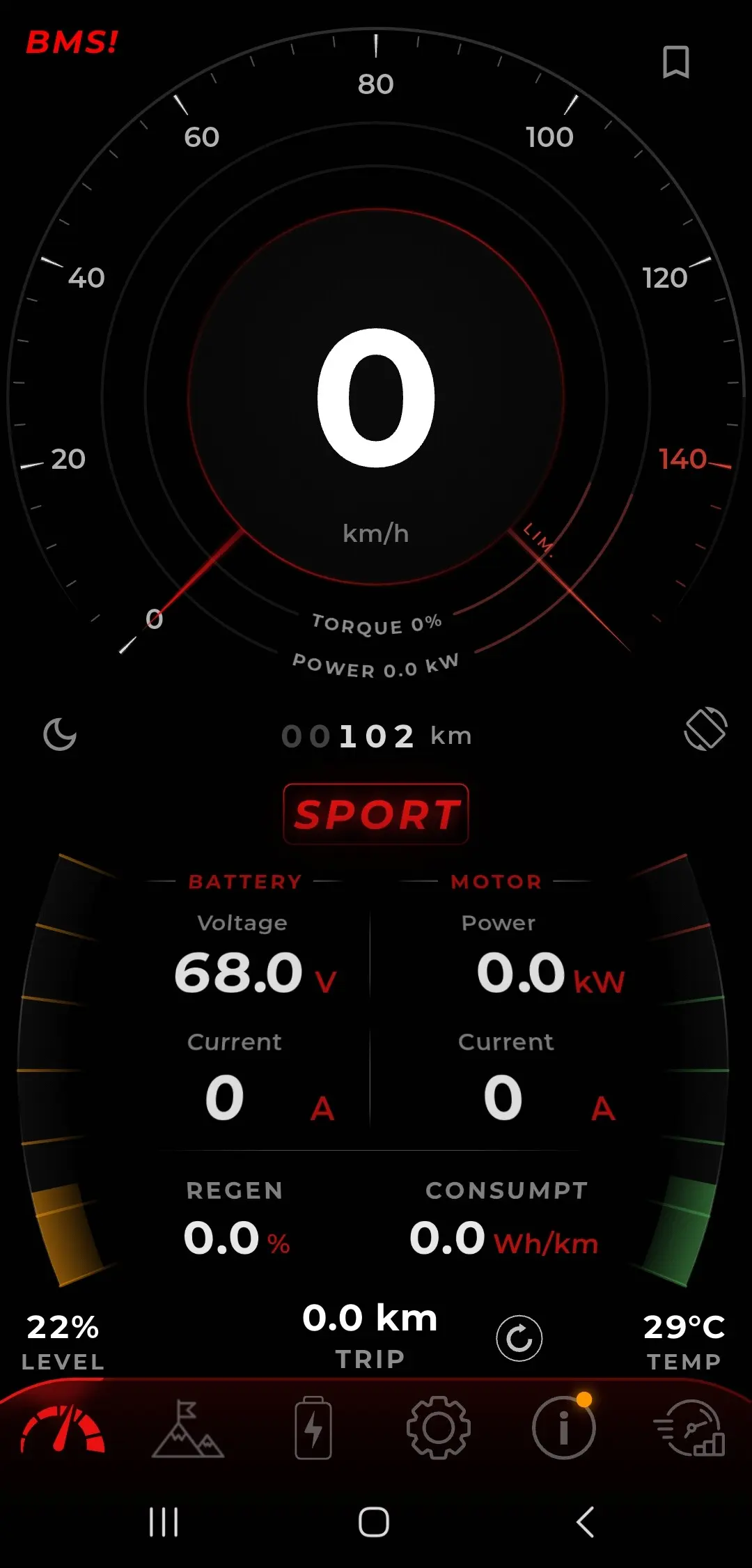 TORP app Ride screen, dial layout in portrait: a needle speedometer reading 0 km/h with torque and power beneath it, the odometer and Sport mode below, then battery voltage and current beside motor power and current, with regen, consumption, battery level, trip distance and temperature along the bottom