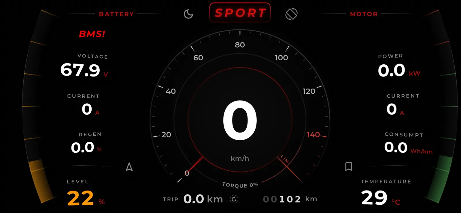 TORP app Ride screen, dial layout in landscape: battery voltage, current, regen and charge level down the left, the needle speedometer in the centre with trip and odometer under it, and motor power, current, consumption and temperature down the right