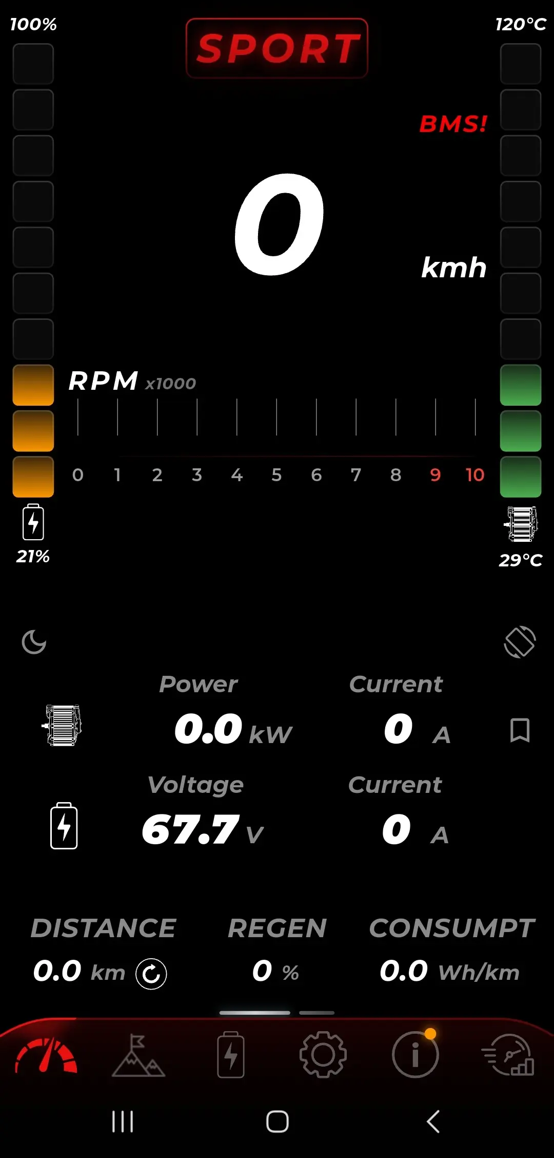 TORP app Ride screen, segment layout in portrait: battery charge segments down the left edge and motor temperature segments down the right, Sport mode and a large numeric speed at the top, an RPM scale, then motor power and current, battery voltage and current, distance, regen and consumption