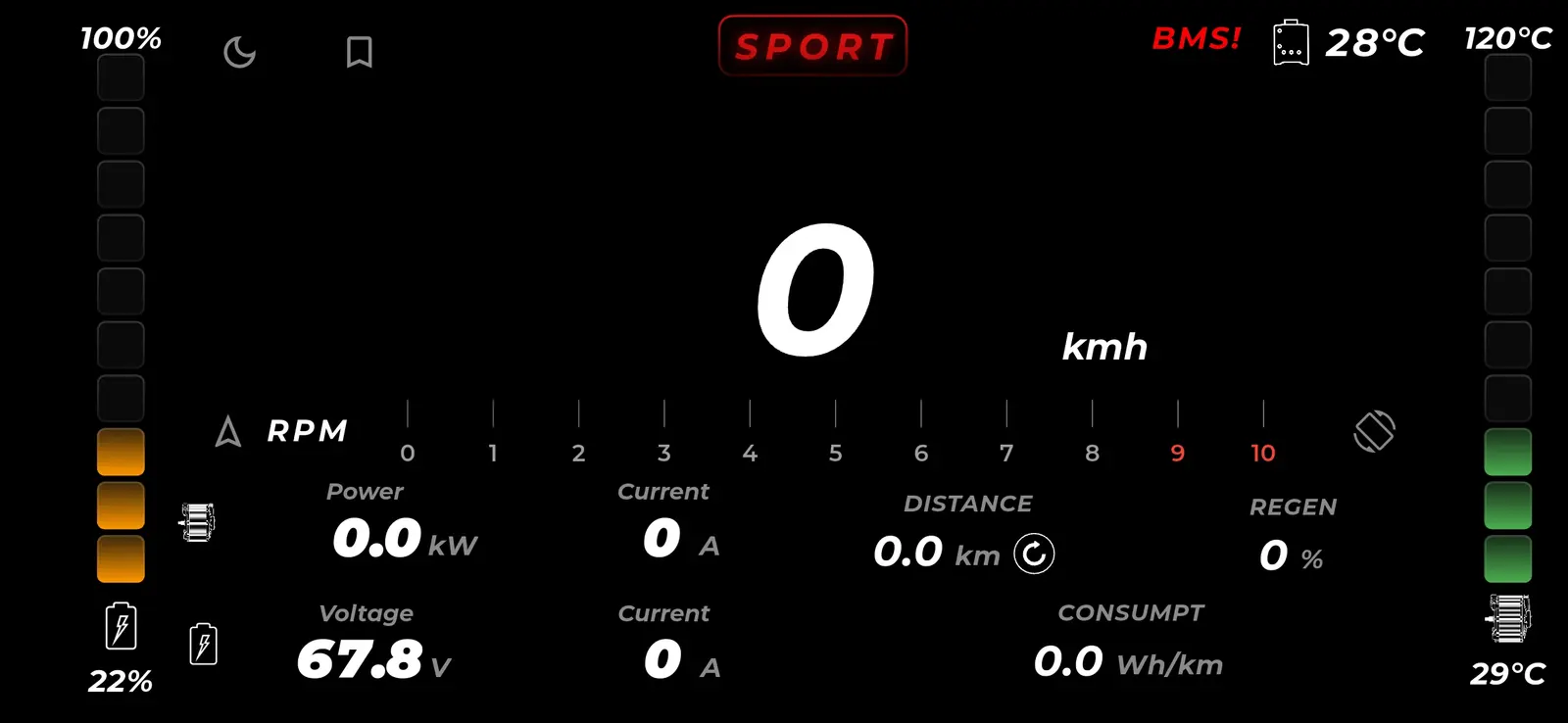 TORP app Ride screen, segment layout in landscape: battery charge segments down the left edge and motor temperature segments down the right, a large numeric speed with Sport mode and controller temperature across the top, an RPM scale, and motor power, battery voltage, distance, regen and consumption below