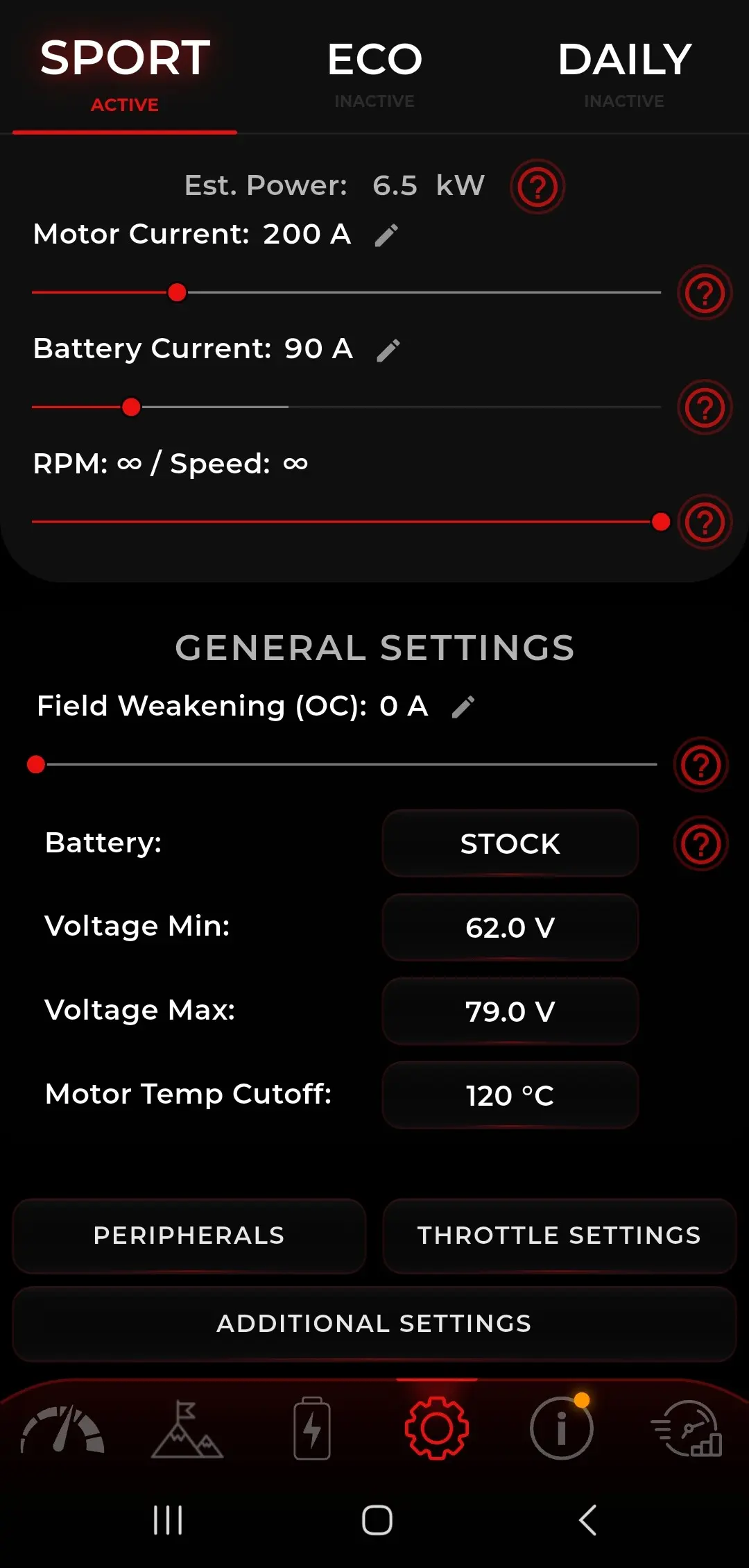 TORP app tuning screen with Sport, Eco and Daily mode tabs, motor current, battery current and general settings