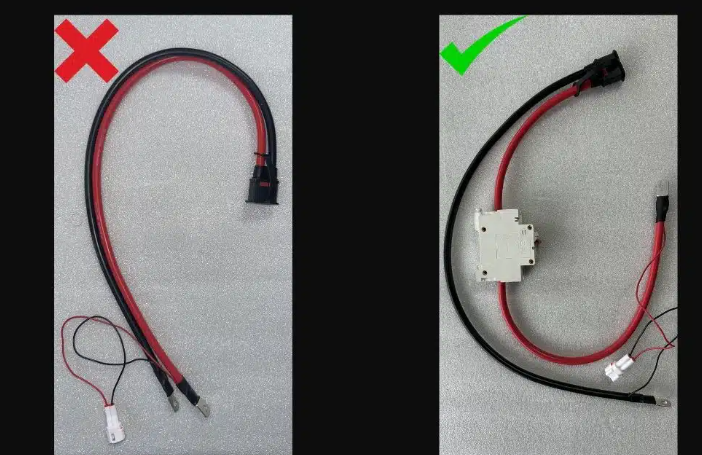 QS8 wiring comparison: a direct unprotected cable marked incorrect and a cable retaining the circuit breaker marked correct